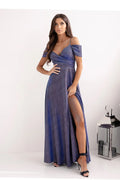 Robe de soirée élégante longue manches longues en V dos nu épaules transparentes taille ajustée fente latérale femme