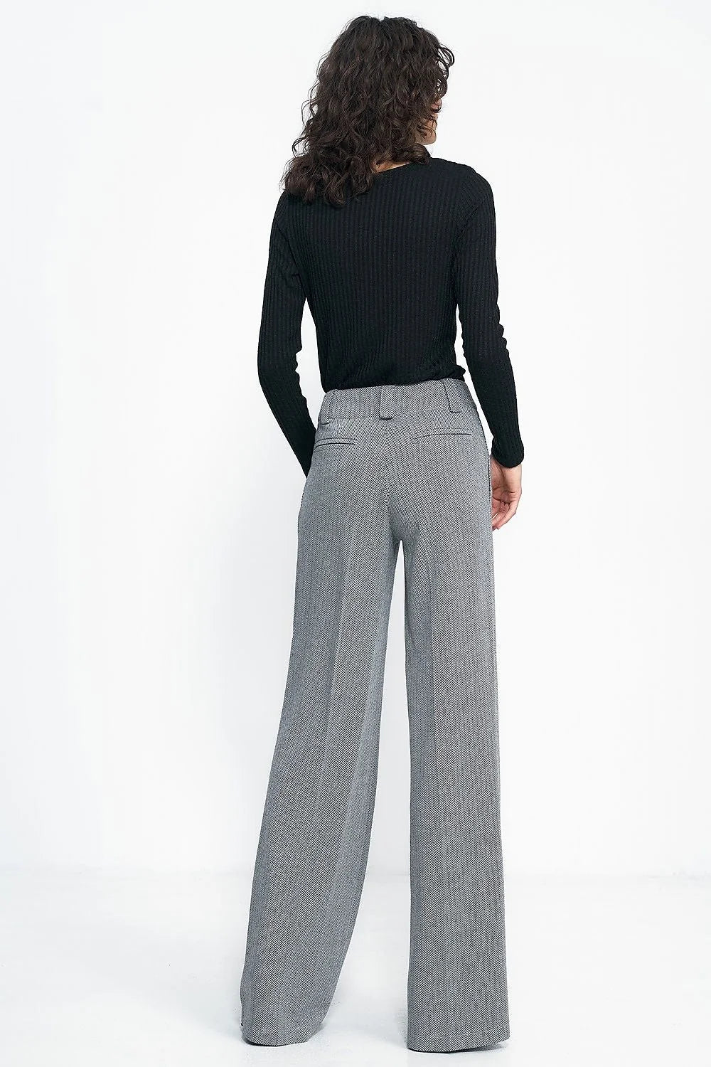 Pantalon à jambes larges élégant pour femme, style moderne, taille haute, motif chevrons, polyuréthane, polyester, viscose, confort, occasion spéciale, tenue professionnelle