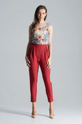 Pantalon taille haute rouge vif en coton élégant ajusté avec ceinture intégrée pour femme moderne