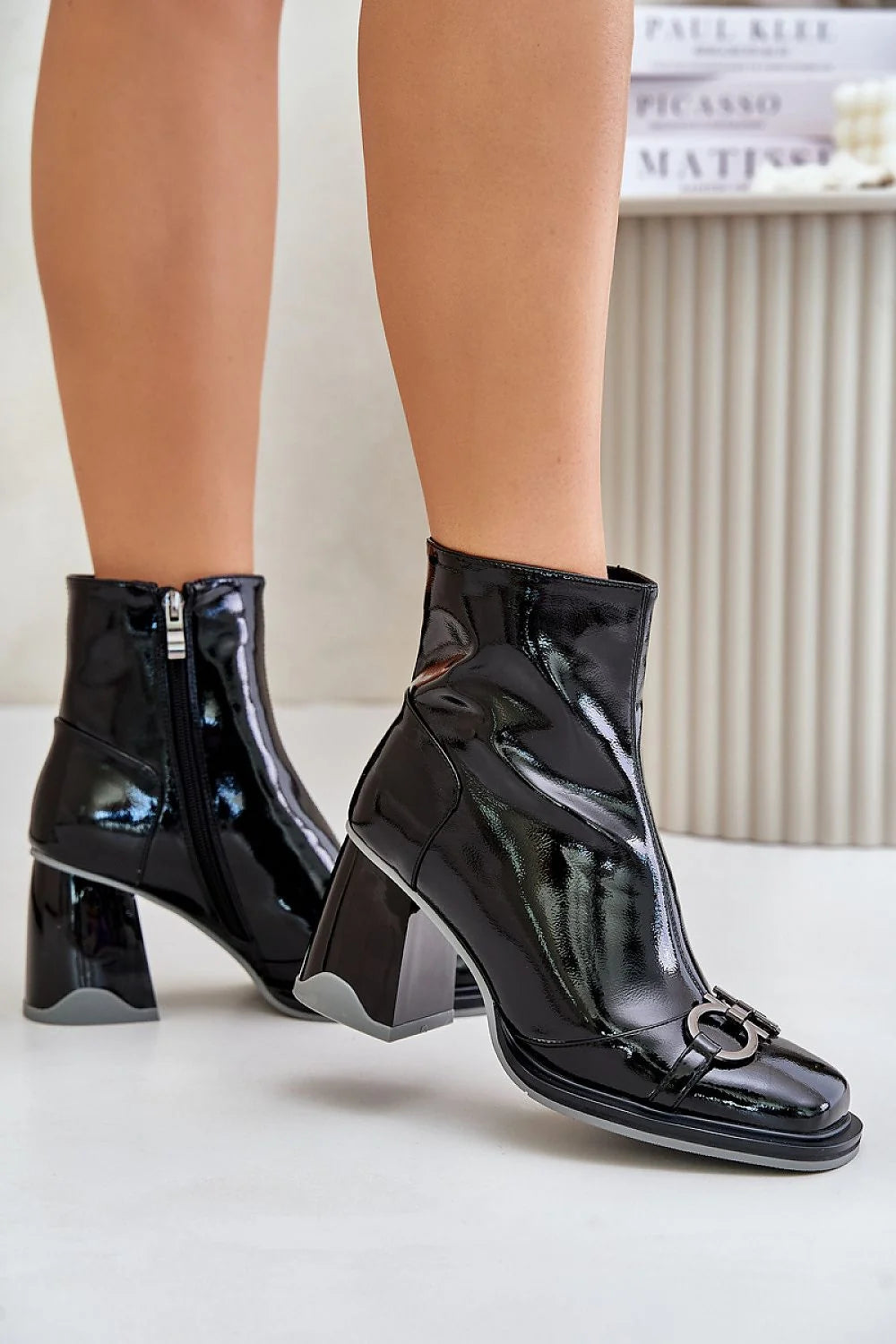 Bottes pour femme style élégant talon bloc cuir verni automne-hiver décontracté élégant collection tendance