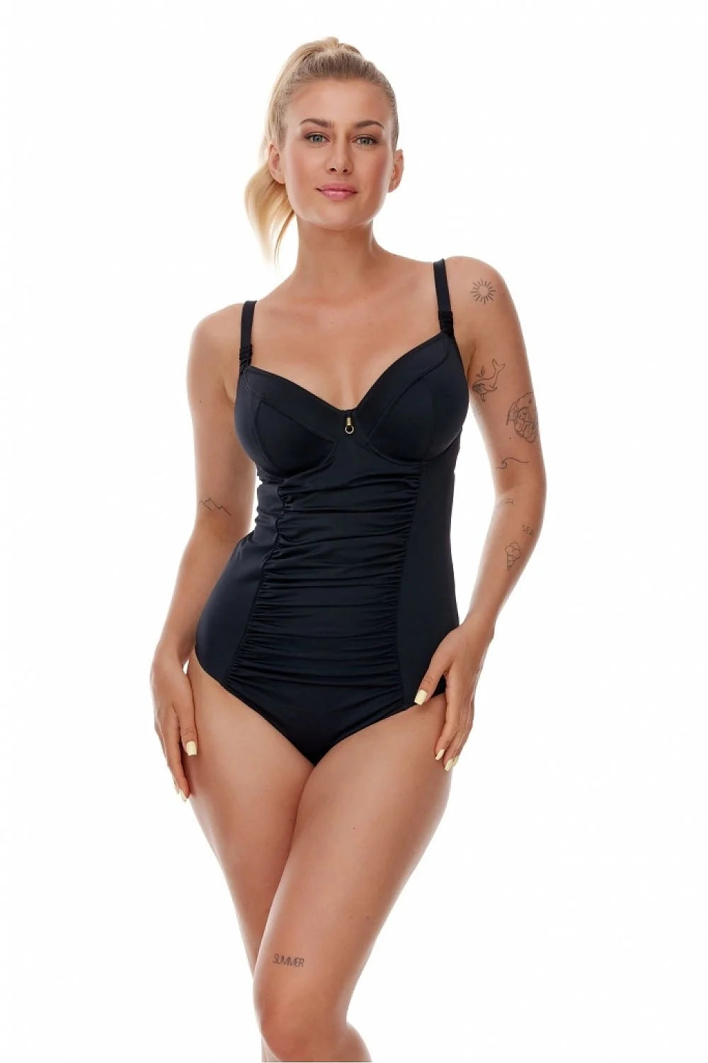 Maillot de bain une pièce noir élégant dos ouvert détail décoratif nylon élasthanne soutien-gorge intégré bretelles ajustables plage piscine femme