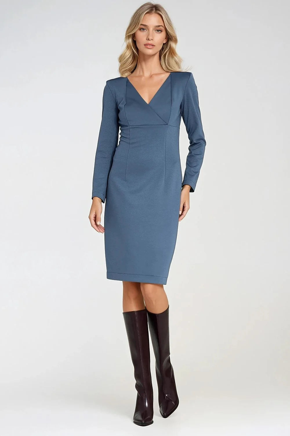 robe ajustée fourreau midi manches longues décolleté croisé V maille stretch bleu ardoise lignes princesse minimaliste chic maintien confort