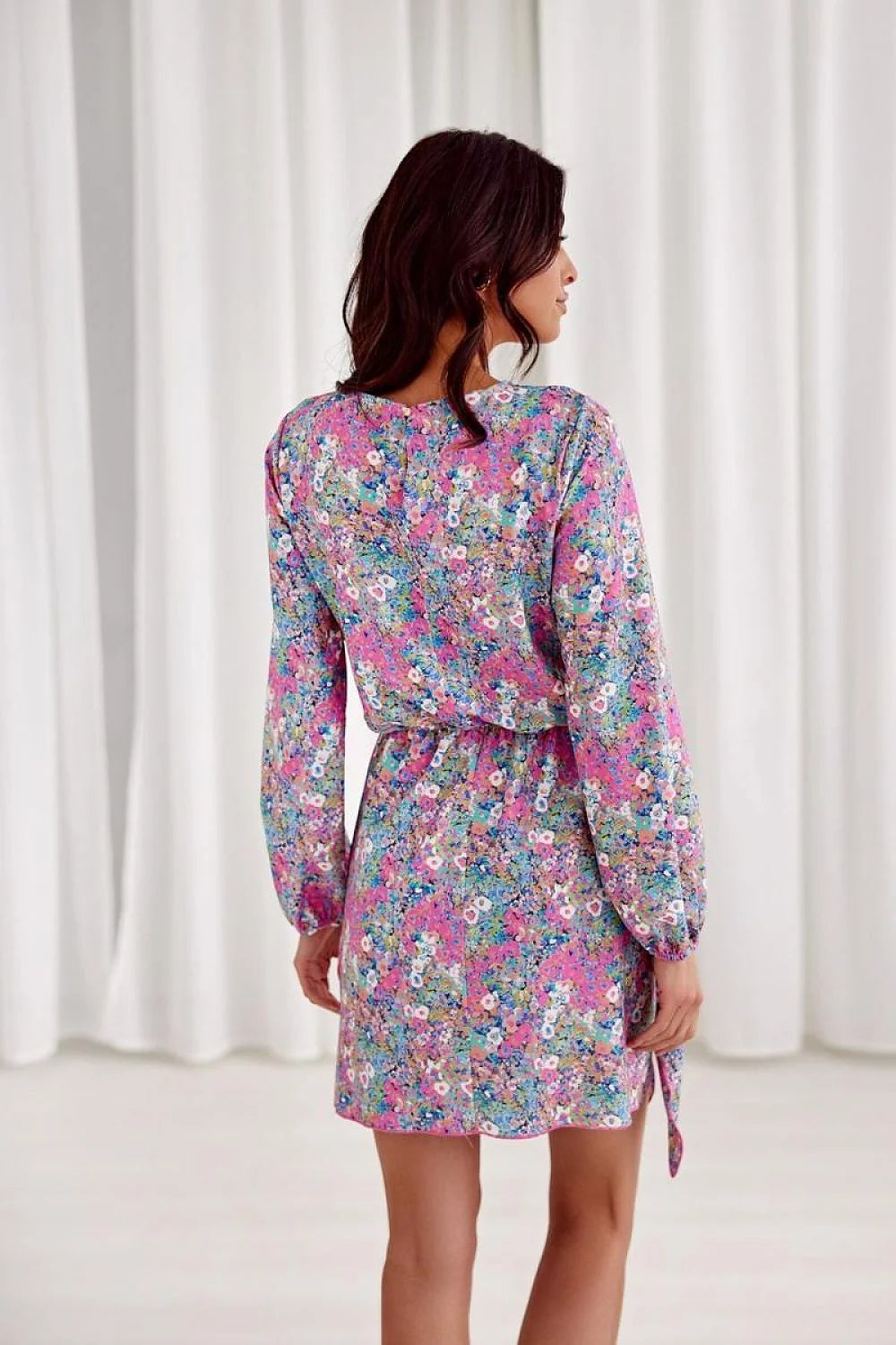 Robe de jour féminine imprimé floral rose bleu blanc teardrop neckline longues manches élastique taille ajustable