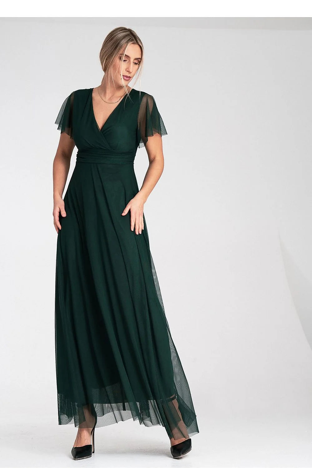 Robe de soirée élégante longue manches courtes vert émeraude décolleté en V croisé taille ajustable femme