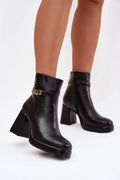 bottines femme simili cuir noir cheville tige courte bout arrondi talon colonne stable fermeture eclair latérale sangle boucle dorée