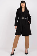 Manteau noir élégant en polyester style classique avec ceinture cuir boucle argentée femme chic