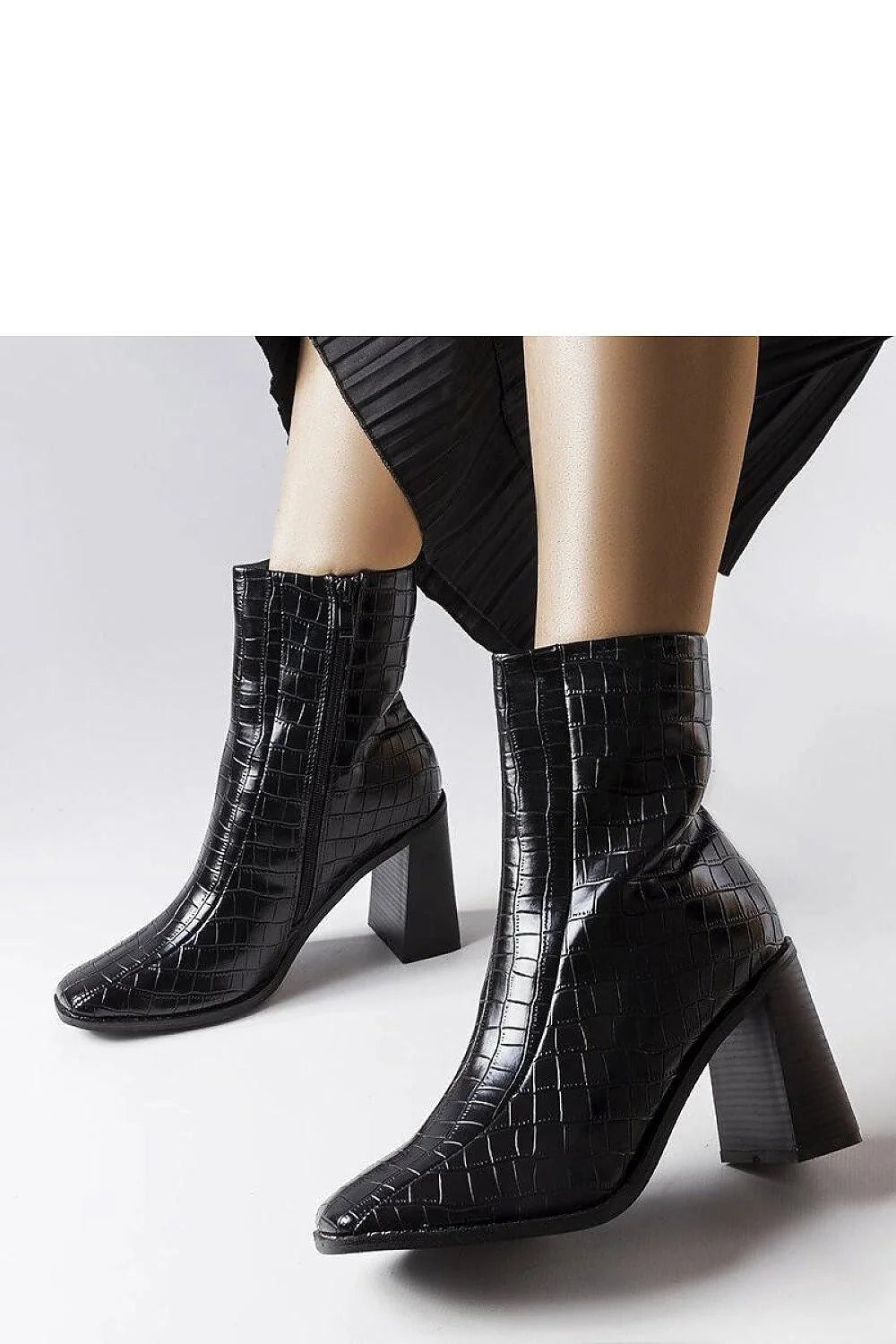 Bottes à talons carrés en imitation croco noires élégantes modernes ajustables doublure isolante pour femmes mode automne-hiver