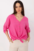 Chemise femme style décontracté élégant coton mousseline couleur rose vif col V manches longues retroussées nœud devant