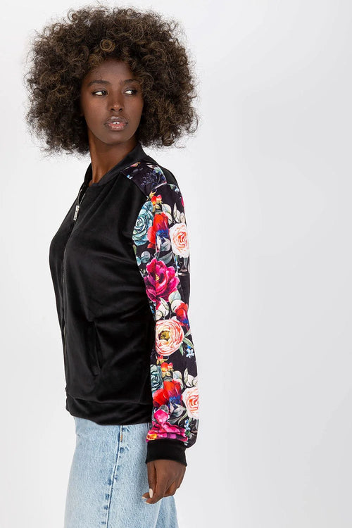 bomber velours noir manches fleuries floral multicolore satinée élasthanne viscose ajustée zippée côtelée poches casual chic