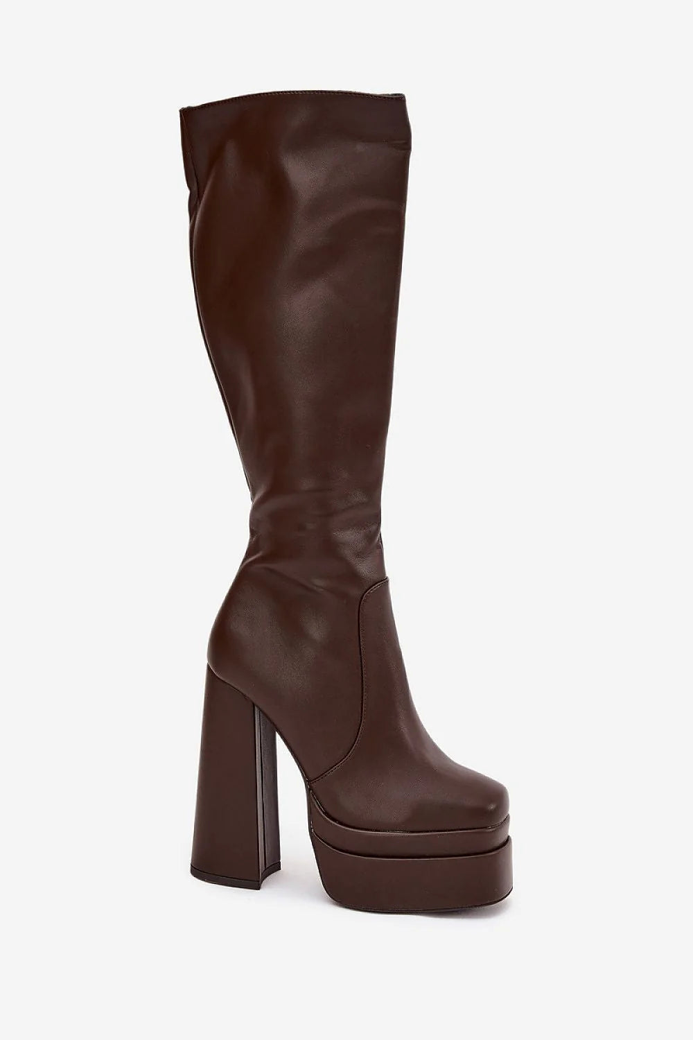 bottes cuissardes femme similicuir marron tige haute genou talon colonne plateforme fermeture glissiere bout rond doublure fourrure chaude