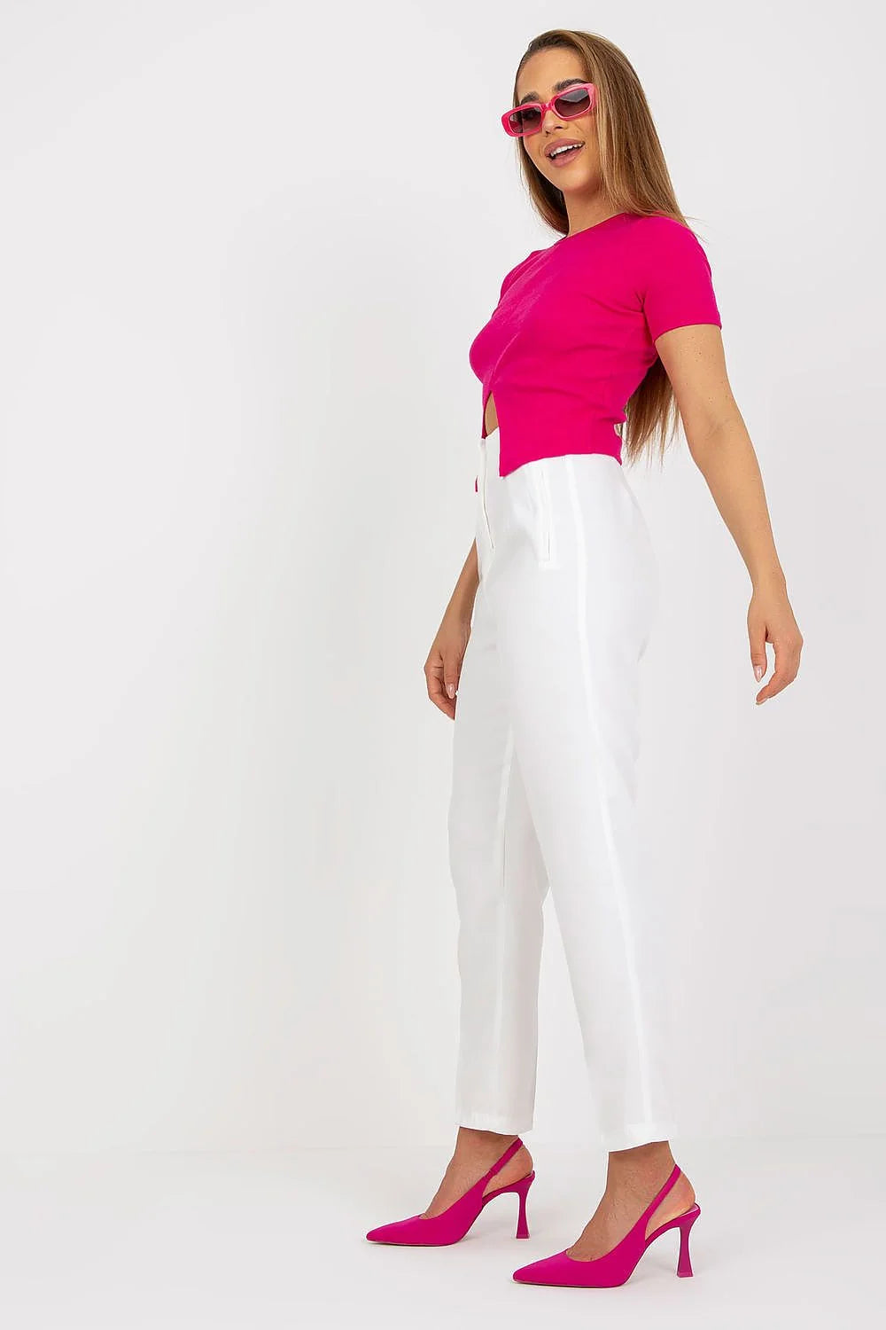 pantalon femme xsapienza taille haute droit élégant finitions soignées polyester viscose extensible confortable durable fermeture invisible poches simili cuir