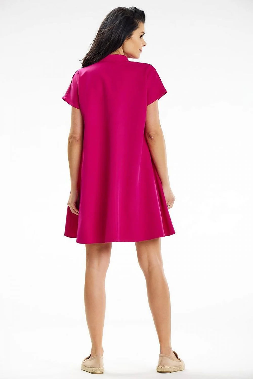 Robe de jour awama moderne trapèze manches courtes col montant rose fuchsia élasthanne polyester femmes taille SXL