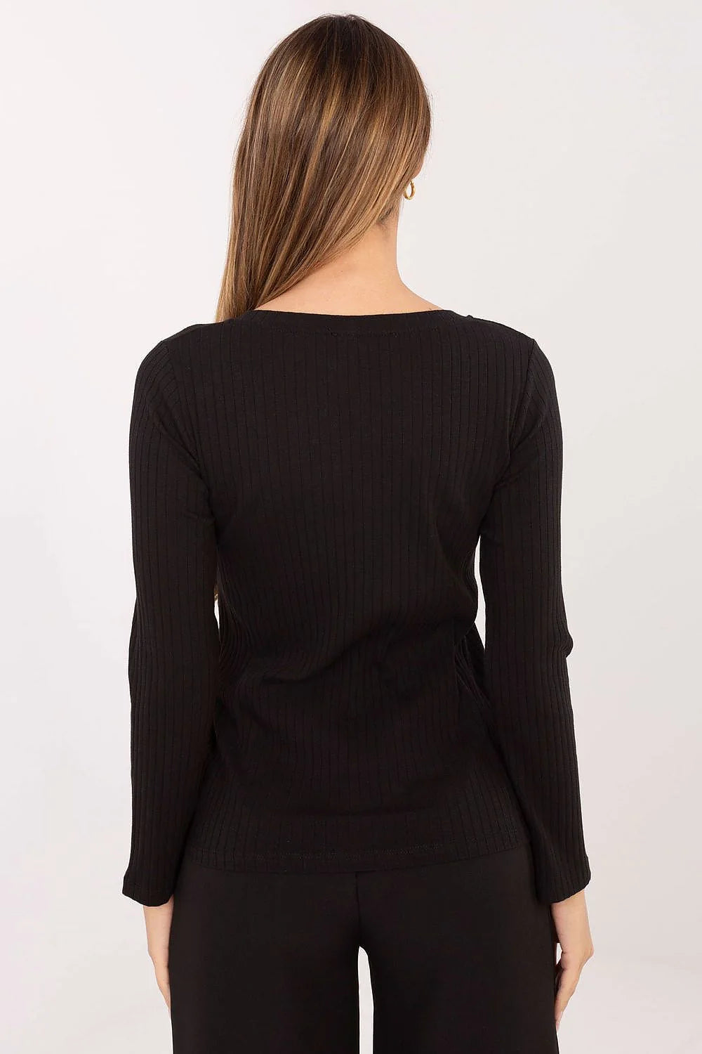 chemisier femme noir côtelé col V boutons métalliques manches longues coupe ajustée taille droite stretch coton confortable polyvalent élégant