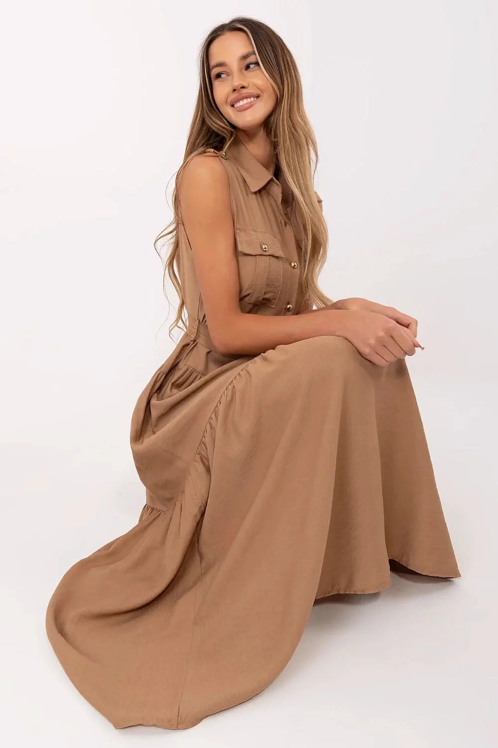 Robe élégante pour femme sans manches longue col classique ceinture ajustable viscose nylon beige mode été