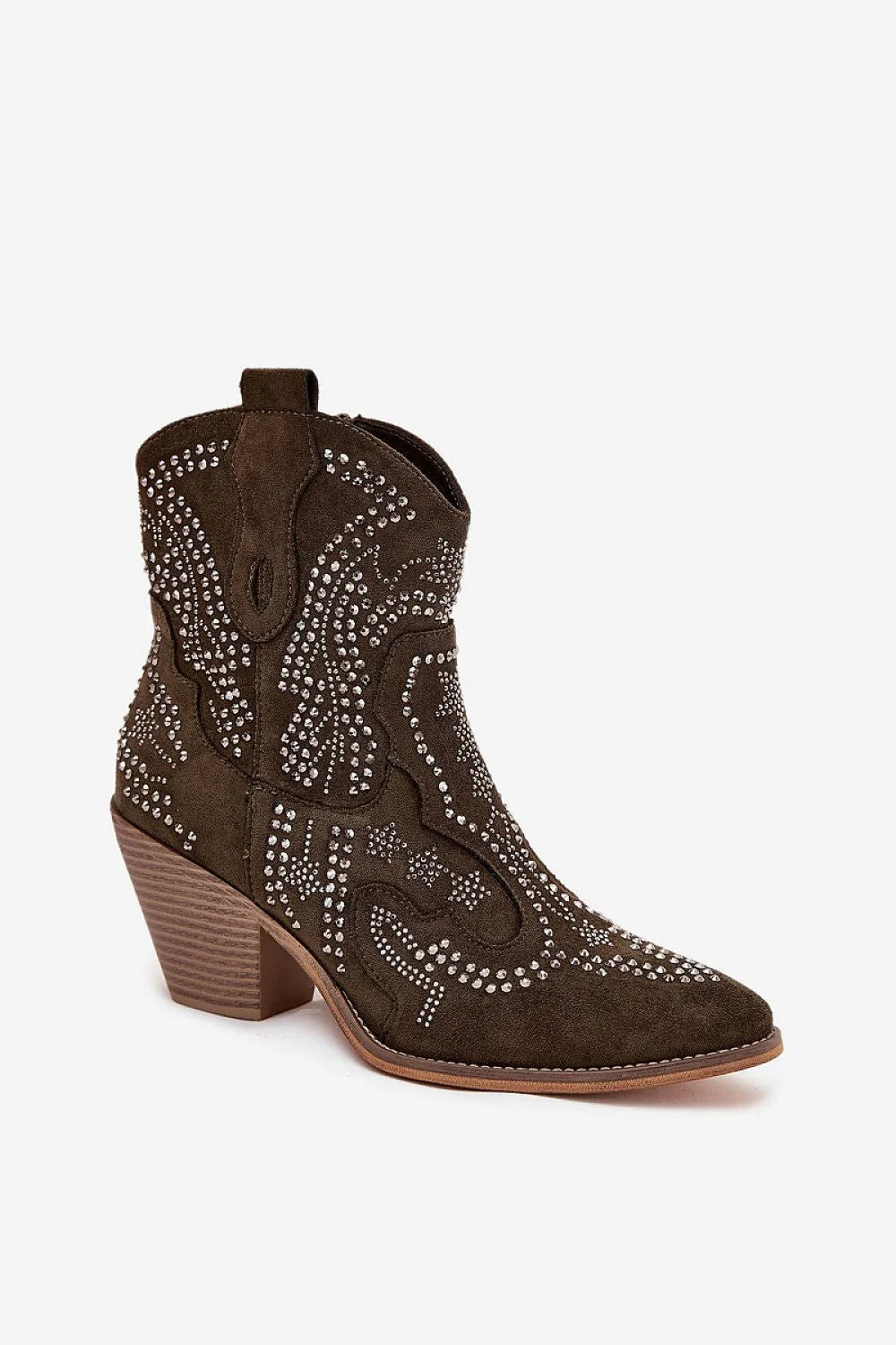 bottines cowboy femme suédine écologique kaki foncé clous argentés brodés western bout amande talon bottier zippée fourrure synthétique