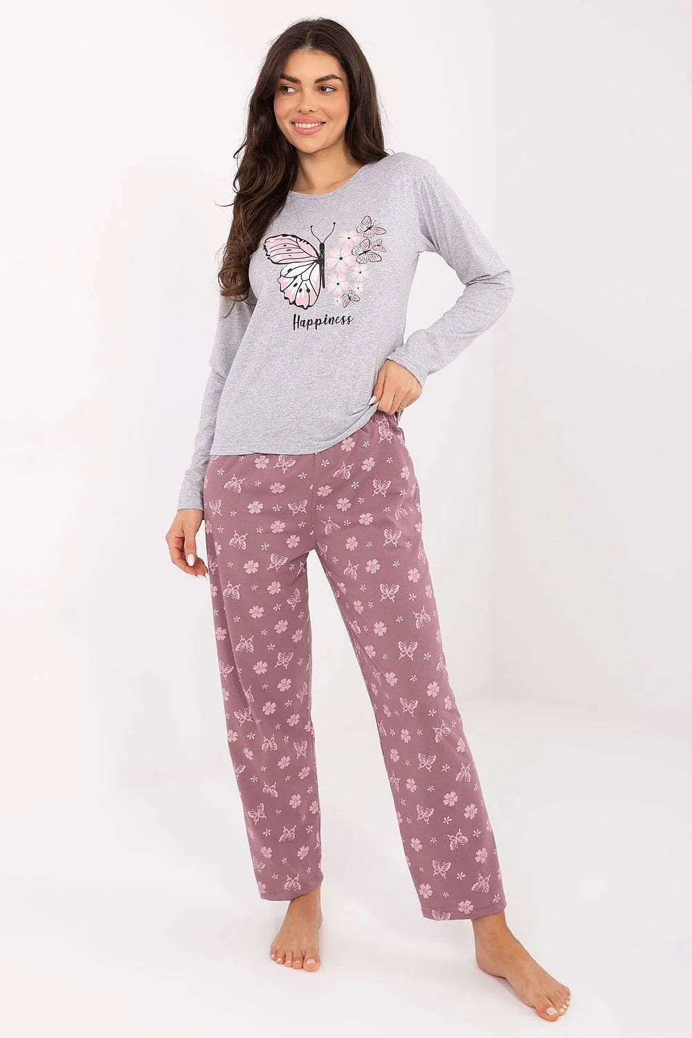 Pyjama femme deux pièces haut manches longues col rond imprimé papillon pantalon taille élastique rose poudré coton doux