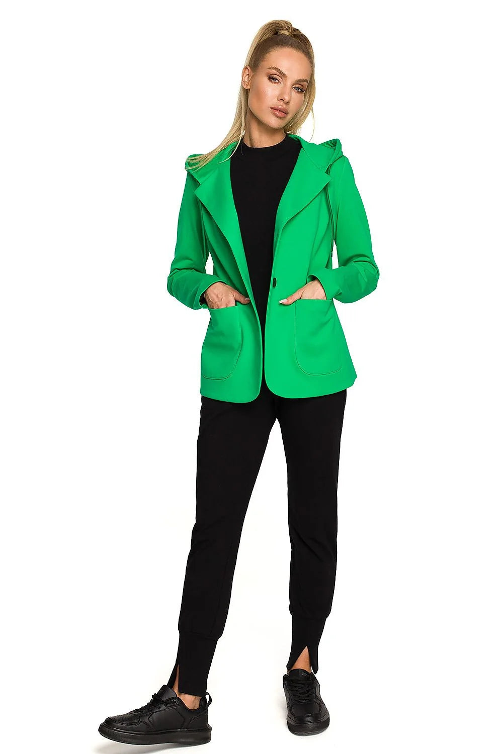 Veste blazer femme Moe en coton élasthanne tricotée hooded poches vert vif modern chic