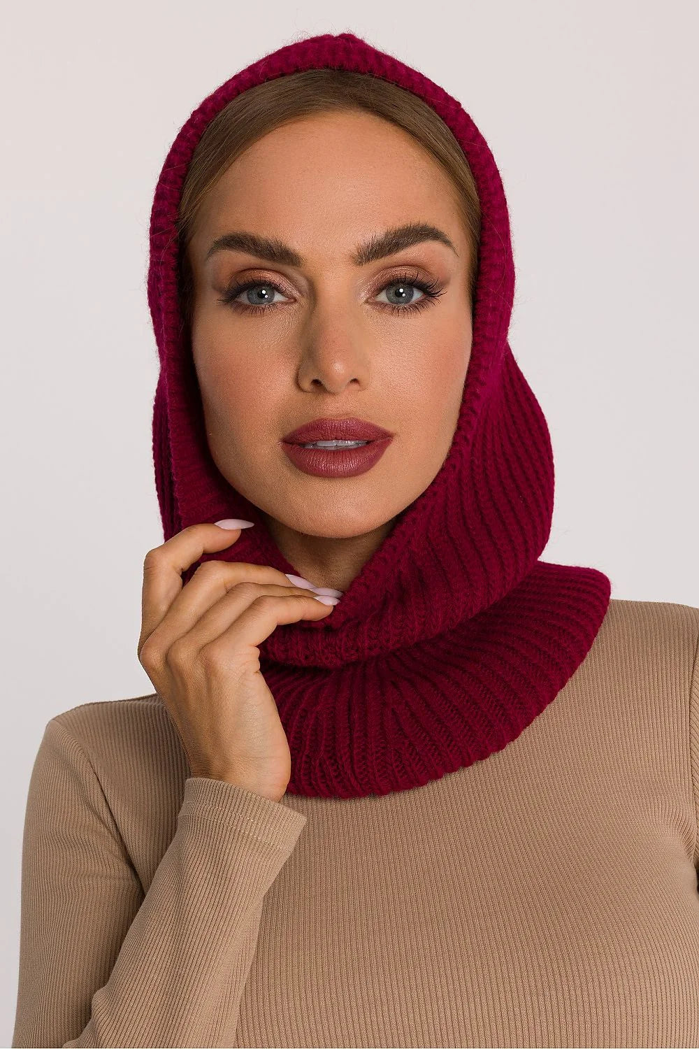 balaklava cagoule snood capuche bordeaux maille côtelée épaisse tube stretch douillet chaud col ajusté bordures élastiques acrylique nylon