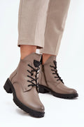 bottines Vinceza similicuir taupe lacets œillets métalliques languette siglée fermeture éclair intérieure semelle crantée talon bloc bas confortable