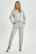 pyjama femme deux pièces manches longues col rond jersey doux gris chiné micro imprimé cerises pantalon taille élastique poches pratiques
