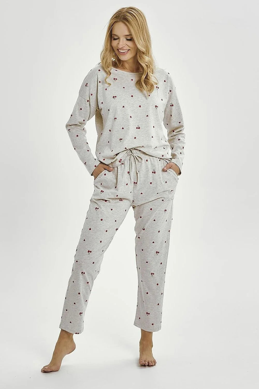 pyjama femme deux pièces manches longues col rond jersey doux gris chiné micro imprimé cerises pantalon taille élastique poches pratiques
