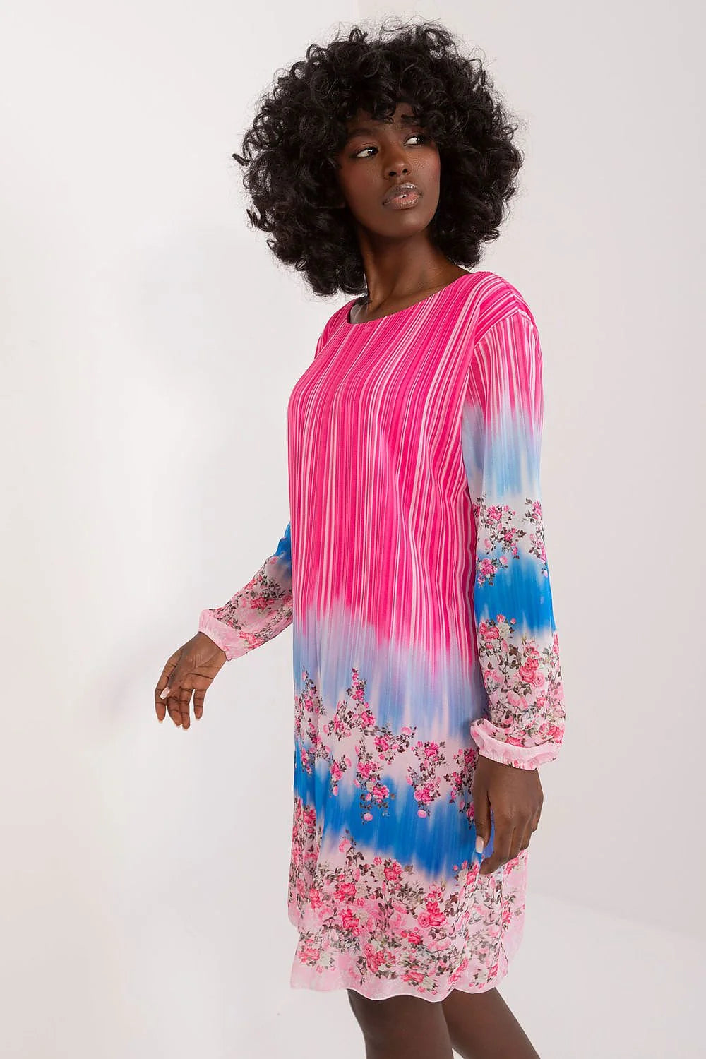 Robe vibrante floral rayures verticales manches longues en polyester coupé droit féminine occasion semi-formelle