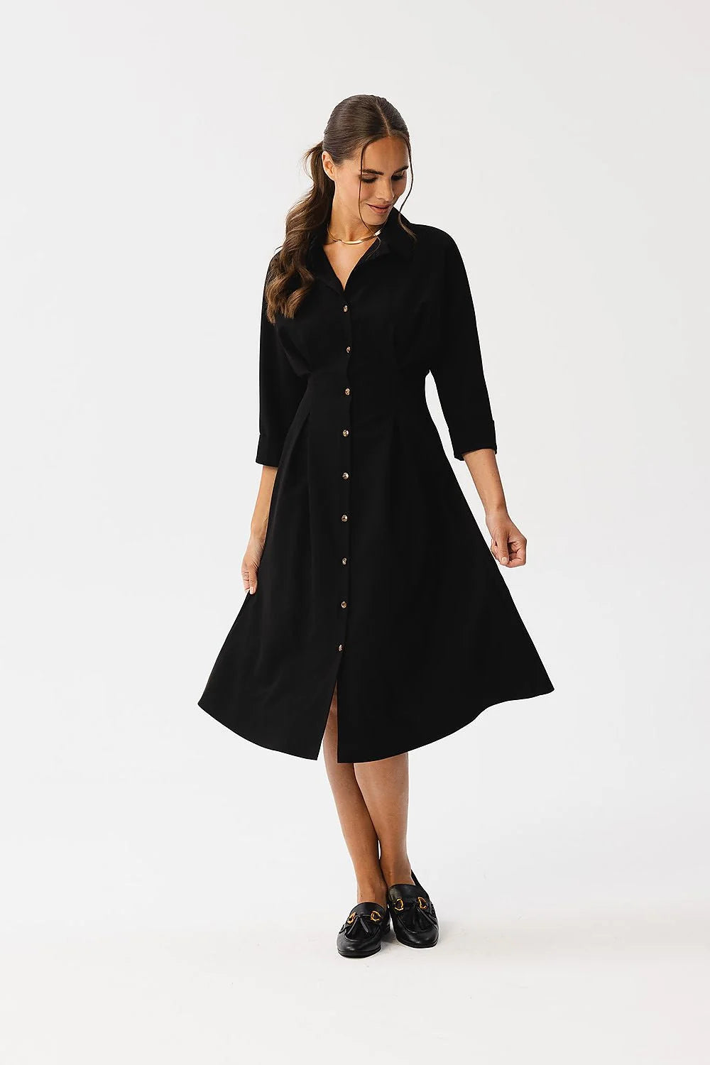 Robe chemise noire femme élégante classique col chemisier manches 3/4 fermeture boutons taille cintrée robe knee-length occasionnel