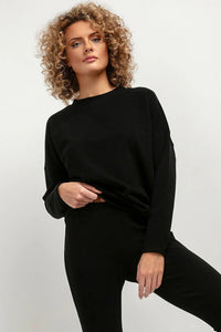 Ensemble casual femme noir minimaliste haut ample manches longues pantalon élastique polyester coton 70% 30%