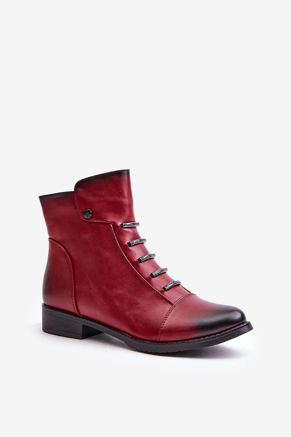 Bottines pour femmes élégantes en cuir lisse rouge bordeaux style montant talon bas carré lacets métalliques