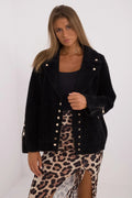 Veste élégante pour femme en laine et viscose, coupe droite, épaules structurées, boutons dorés, longueur midi, couleur noire, confort et style