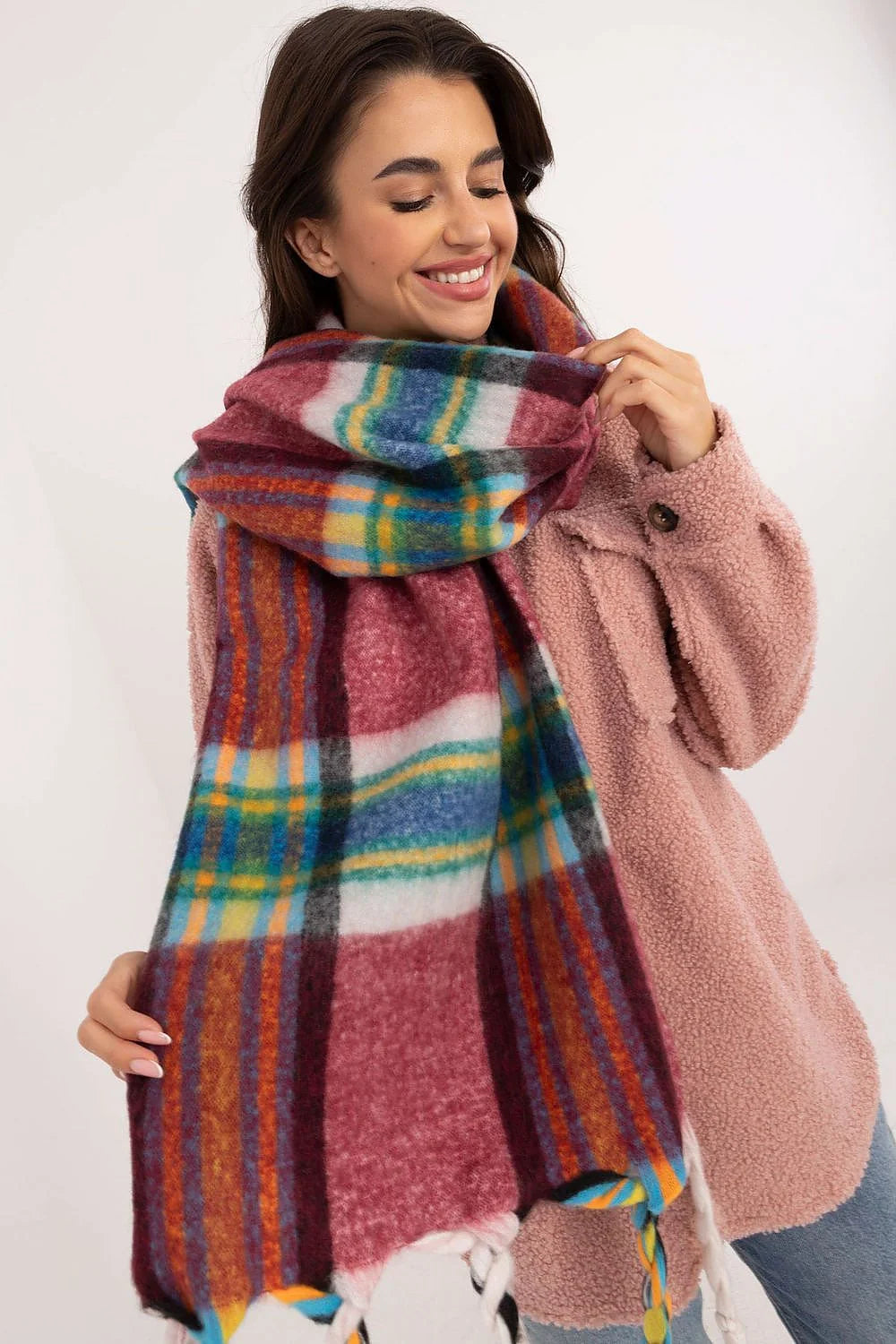 châle polyester carreaux oversize brossé franges tressées multicolore bordeaux bleu jaune vert liserés blancs longue généreuse chaud doux