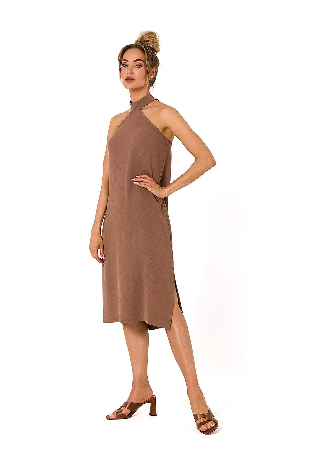 Robe de jour Moe style décontracté minimaliste couleur taupe sans manches élasthanne polyester femmes