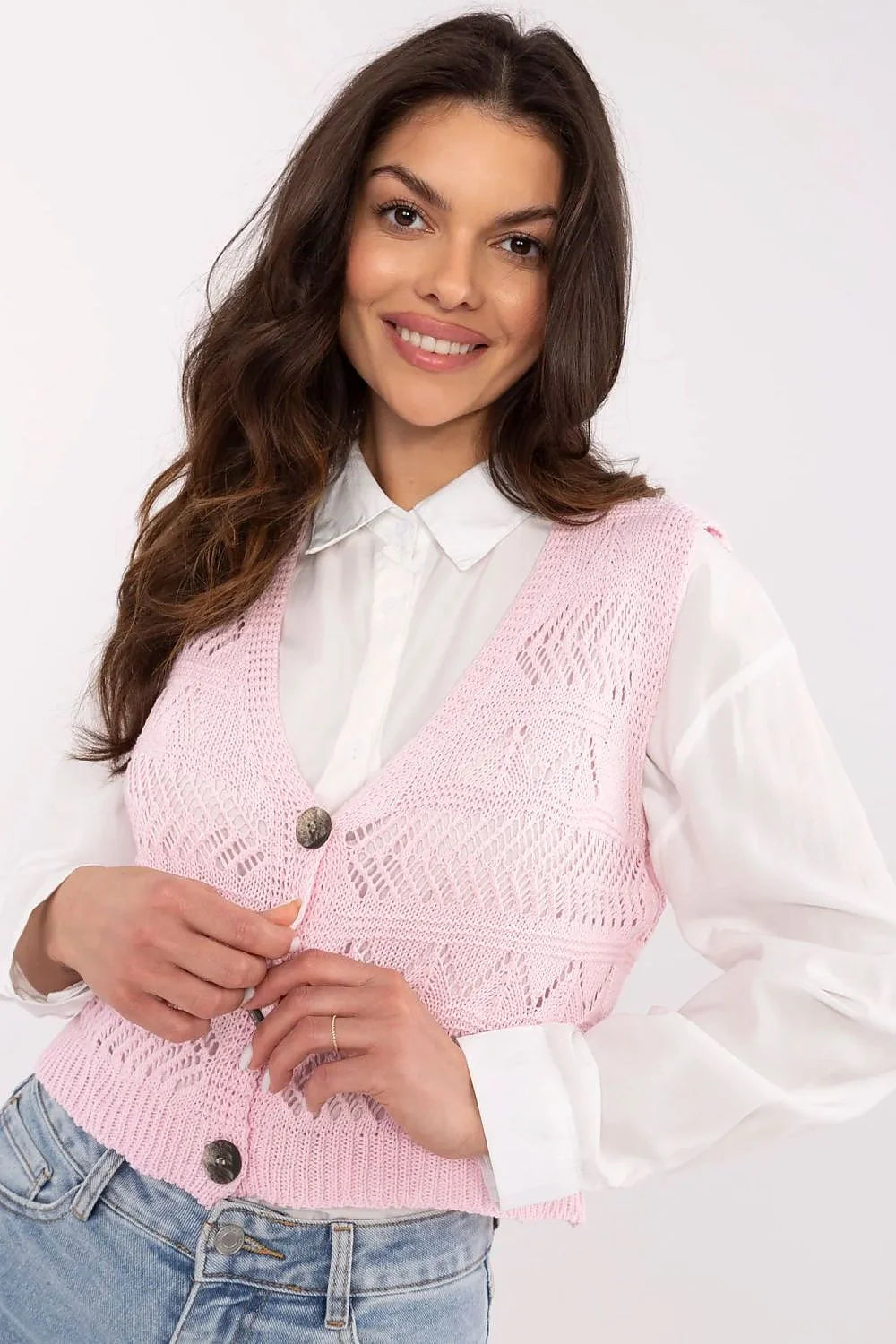 Gilet Sublevel ajouré pour femme en coton et polyacrylique sans manches en V rose pâle
