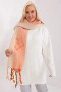Pull ample élégant pour femme en laine douce couleur blanc écharpe motif beige orange franges tressées