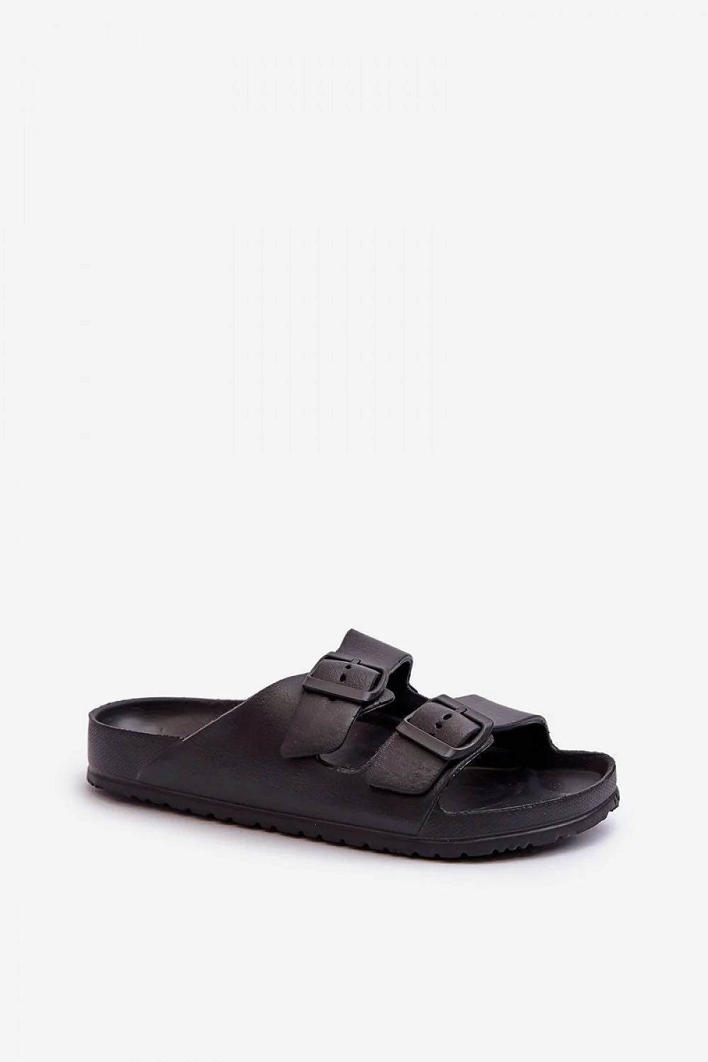 sandales femme mules brides réglables noires synthétique mate bout ouvert semelle anatomique moulée maintien confort boucles métalliques crantée