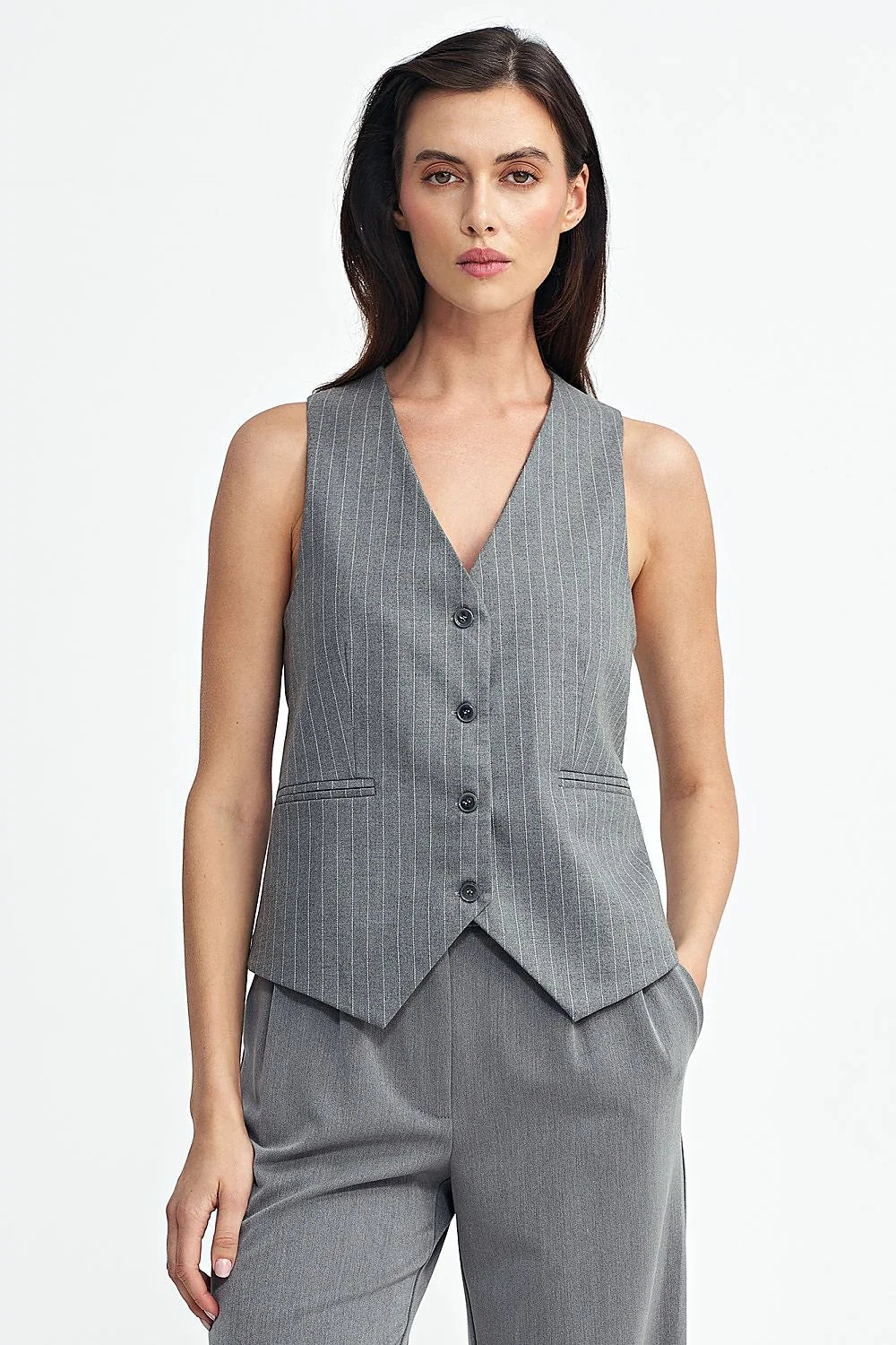 Gilet pour femme élégant coupe ajustée sans manches en V profond gris anthracite rayures fines femmes
