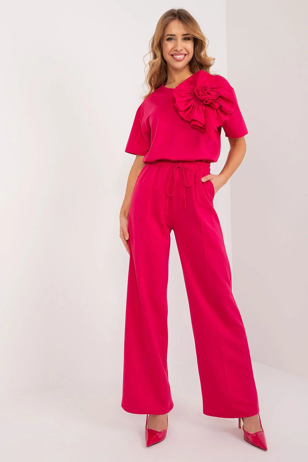 pantalon femme Lakerta fuchsia taille haute cordon élastique poches latérales jambe large tissu fluide crêpe tombé structuré élégant polyvalent soirée