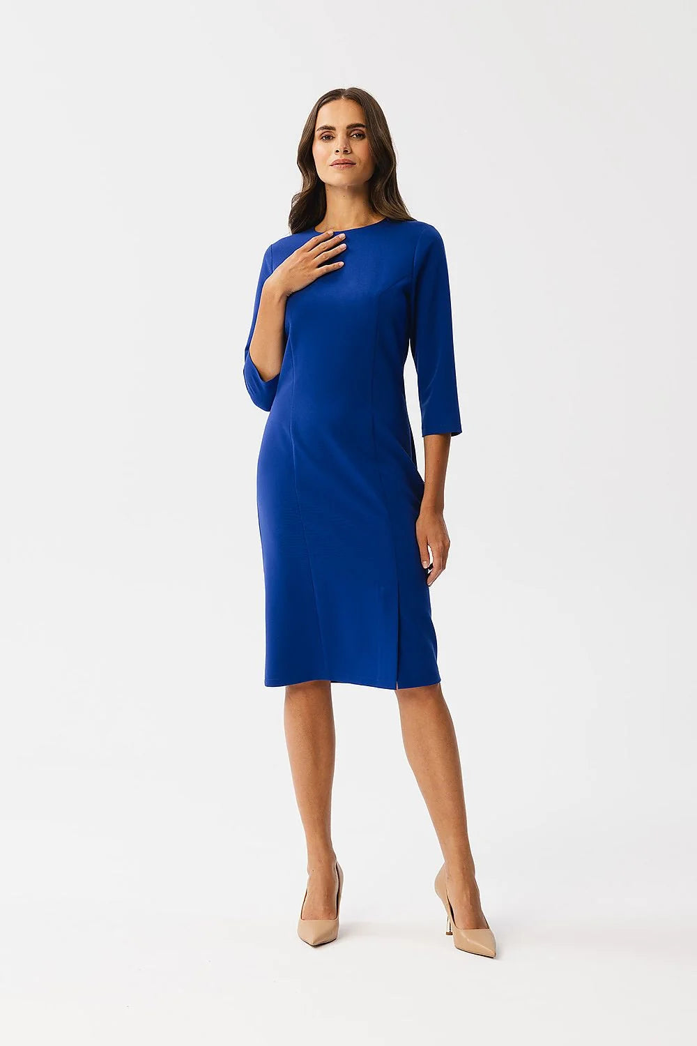 robe stylove bleu vif fourreau midi coupe ajustée manches troisquarts encolure ronde coutures princesse crêpe stretch fente latérale minimaliste élégante