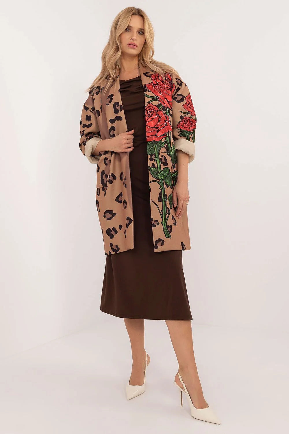 Manteau audacieux pour femme motifs léopard et fleurs longueur genou manches longues style décontracté-chic