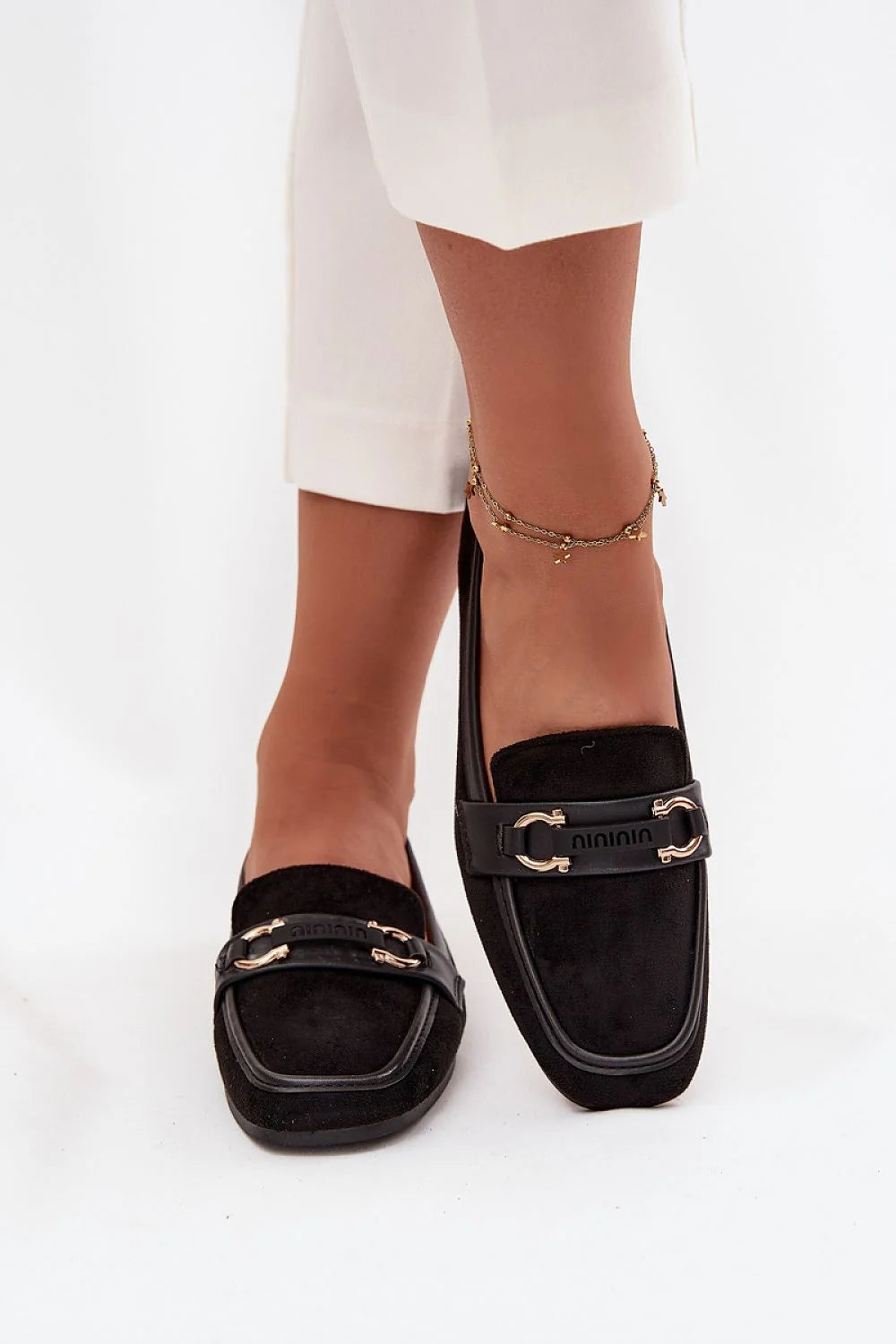 mocassins femme suédé noir bout carré mors métallique doré semelle basse talon plat 15mm confort stabilité intérieur cuir écologique
