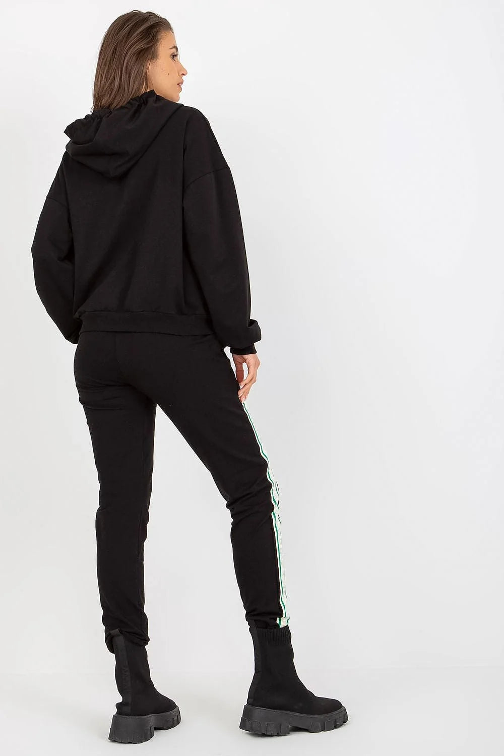 ensemble femme survêtement sweatshirt capuche oversize pantalon slim molleton coton élasthanne noir vert blanc bandes latérales cordons colV étiquette streetwear