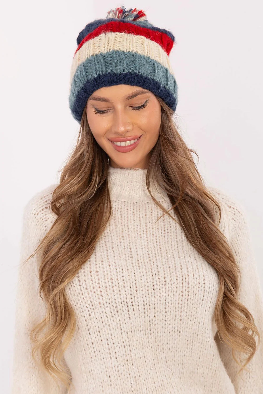 Bonnet d'hiver pour femme tricoté côtelé élastique pompon tricolore couleurs vives doux chaud style casual
