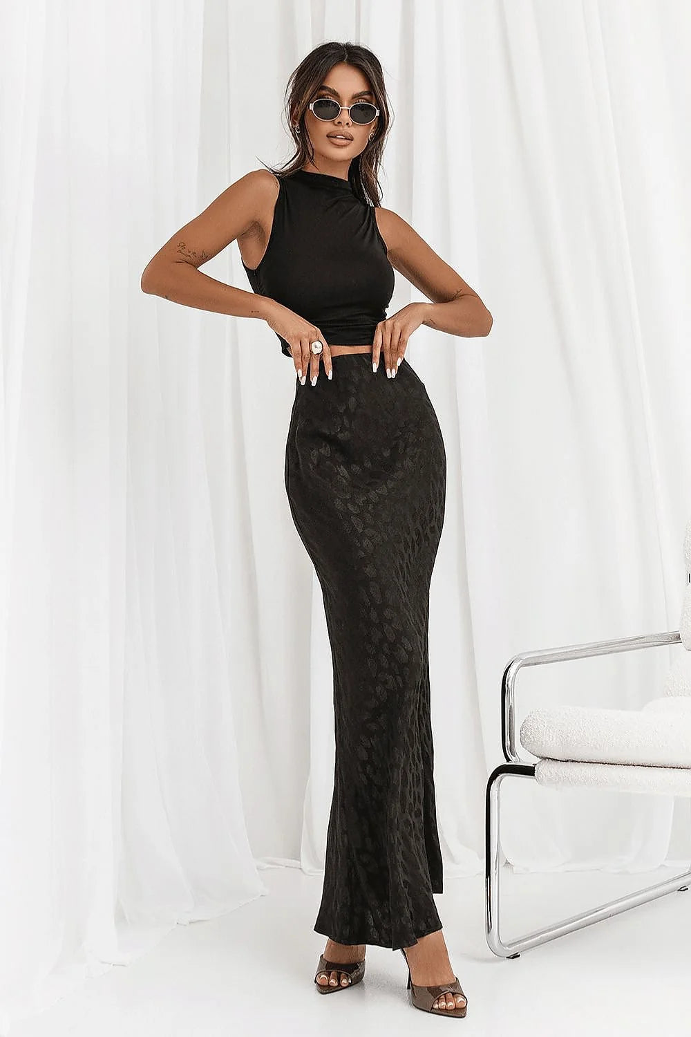 jupe longue IVON viscose satinée fluide structurée brillant imprimé marqué asymétrique élastique confortable évasée tombé gracieux polonais sophistiquée moderne