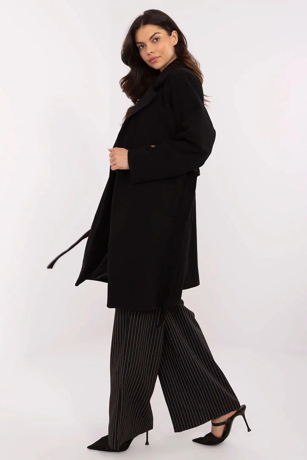 Manteau Italy Moda élégant pour femme rayures fines noir et blanc polyester doublé occasionnels