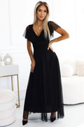 robe longue noire tulle fluide voile transparent décolletéV croisé cachecoeur manches courtes volantes taille marquée ceinture nouée jupe évasée sophistiquée