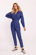 combinaison femme denim indigo blazer décolleté manches longues ceinture intégrée boutonnée jambes fuselées plis avant poches latérales coutures nettes
