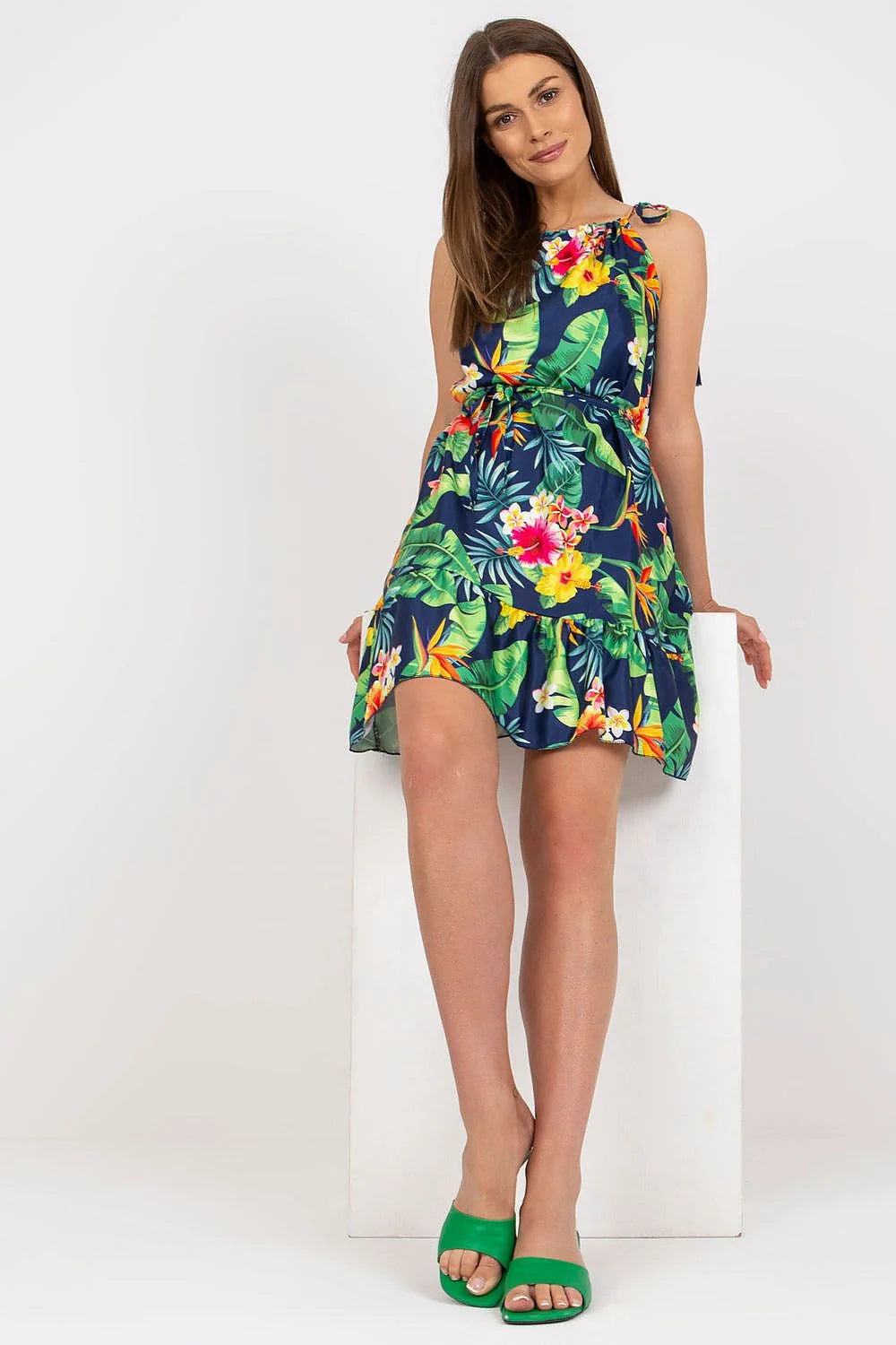 Robe de jour Rue Paris imprimé floral été épaules fines lacets taille nouée volants jupe évasée genoux court polyester femme