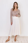 pull transparent manches raglan ample fluide encolure arrondie beige clair maille légère douce laine acrylique polyester polyamide côtelée courte élégante