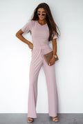 Ensemble La Balancia femme viscose elastane style élégant casual-chic couleur rose pâle taille ajustable pantalon évasé