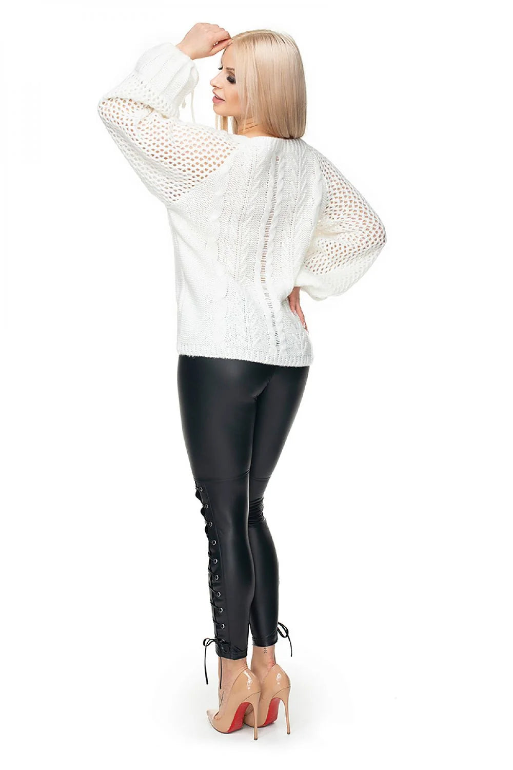 Pull femme en maille épaisse Chandail Pee Ka Boo manches longues motifs tressés style casual-chic couleur blanche